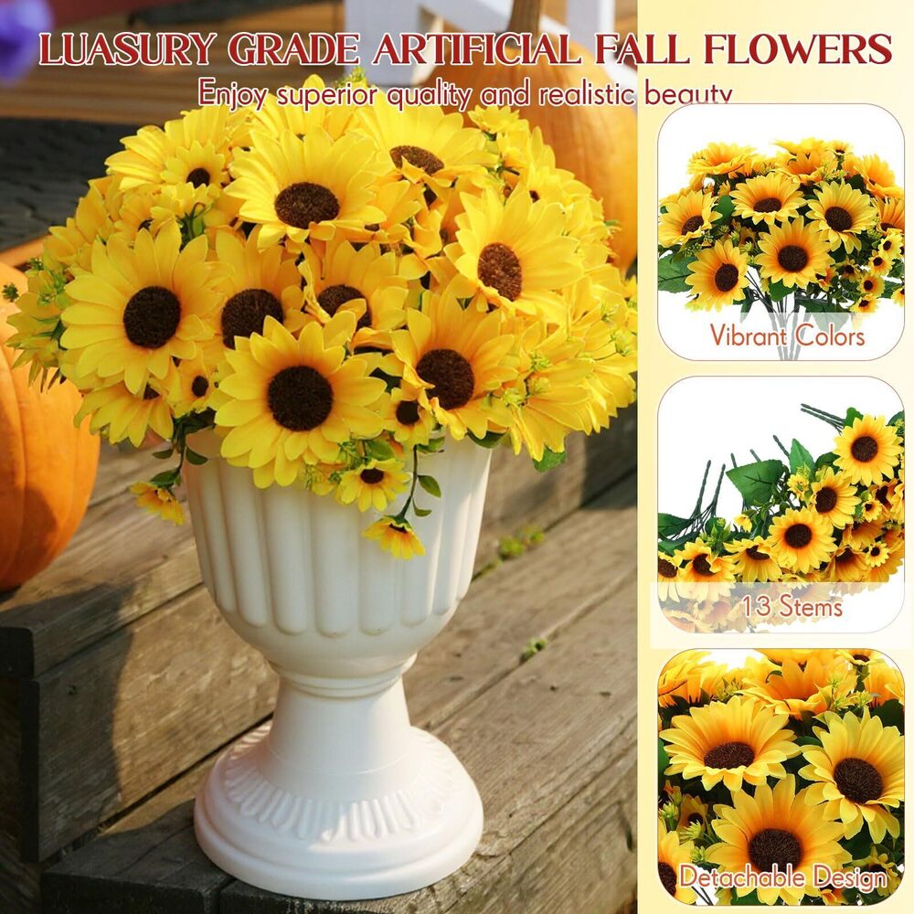 7013 12 Bundles Artificial Sunflowers with Stems Realistic Silk Sunflowers - Picture 3 of 7